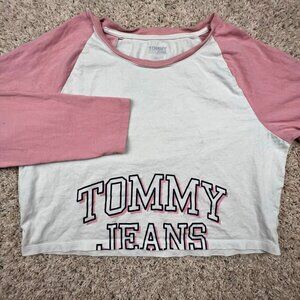 Tommy Jeans Women's Large Spell Out Logo Crop Top T Shirt Long Sleeve Pink White